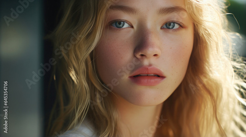 Sun-Kissed Scandinavian Charm: Close-Up of a Freckled Blonde Woman, Embracing Natural Beauty in the Sunlight.