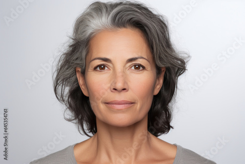 Charming Spanish Middle Aged Woman with Partly Gray Hair Posing with Light Smile on Gray Copy Space
