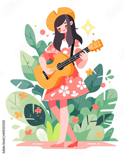 Cute woman playing guitar with nature cartoon isolated.