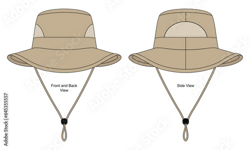 Khaki Bucket Hat With Mesh in Sides View Template On White Background.Front and Back View.