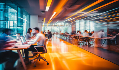 Bright business workplace with people in walking in blurred motion in modern office space