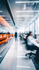 Bright business workplace with people in walking in blurred motion in modern office space