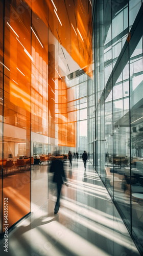 Bright business workplace with people in walking in blurred motion in modern office space