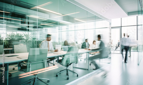 Bright business workplace with people in walking in blurred motion in modern office space