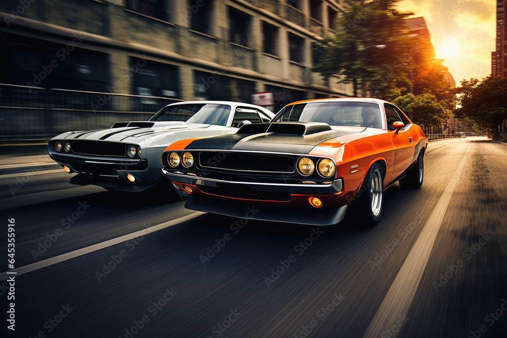 Two musclecars driving a race in a city.