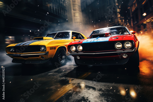 Two musclecars driving a race in a city. photo