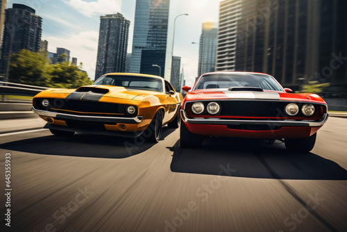 Two musclecars driving a race in a city. © Nicole