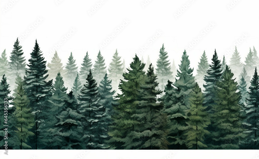 A serene landscape featuring a row of majestic pine trees