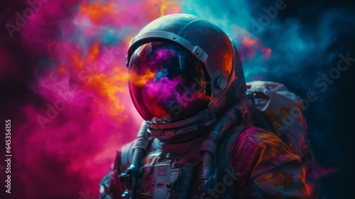 A man in a space suit surrounded by vibrant colored smoke