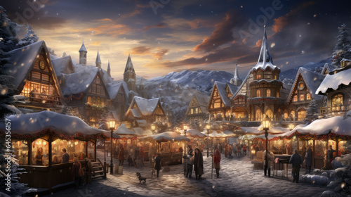 Illustration of a village in winter with a Christmas market on the street and snow on the roofs of the houses © jr-art