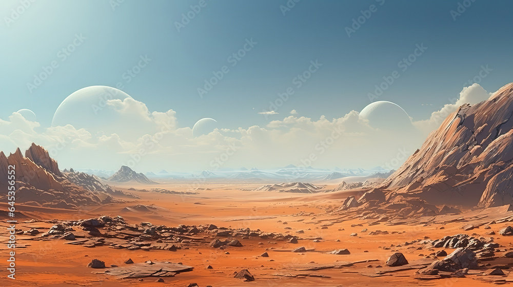 Martian orange surface panorama landscape background on a sunny day, sand hills with stones. Generative Ai