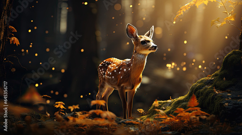 A baby deer stands in the forest at sunset in autumn © jr-art