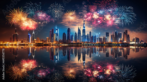 New Year fireworks display in Dubai, UAE, Bright color. Generative Ai