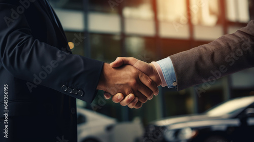 Business partnership meeting. Picture businessman handshake. Successful businessmen handshaking after good deal. Horizontal, blurred background
