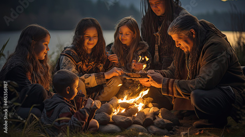 a group of people with children gather around a campfire