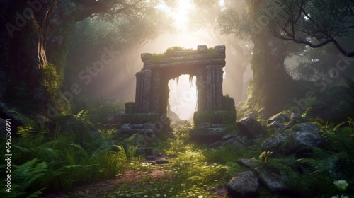 Abandoned ruins of a fantasy gothic temple or tomb. morning view