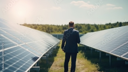 Business man engineer outdoor in the solar energy park, successful in green innovation investment.