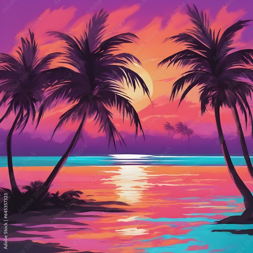 Tropical Paradise Sunrise:On an island paradise, palm trees sway gently in the breeze as the sun makes its debut. The sky transitions from deep purples to warm oranges and pinks, casting a mesmerizing