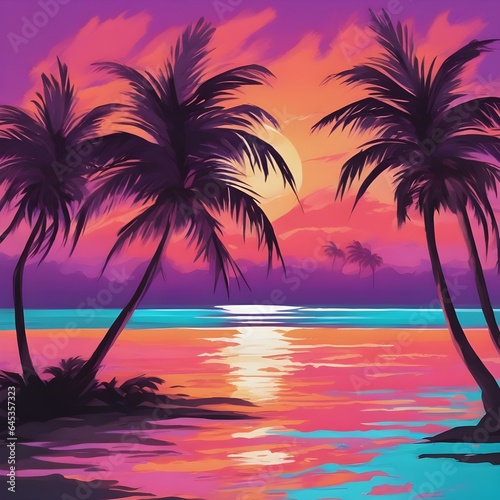 Tropical Paradise Sunrise:On an island paradise, palm trees sway gently in the breeze as the sun makes its debut. The sky transitions from deep purples to warm oranges and pinks, casting a mesmerizing © Chatura