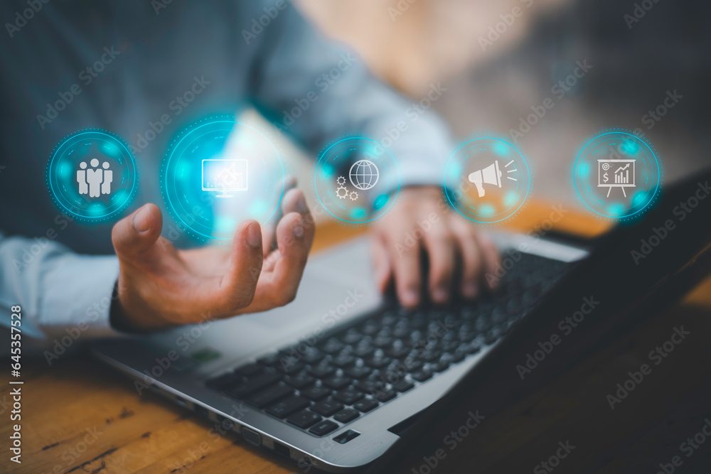 Hand shows the sign and icon of Digital marketing internet advertising and sales increase business technology concept, online marketing, E-business, Ecommerce, Business online. Hand shows the sign and icon of Digital marketing internet advertising and sales increase business technology concept, online marketing, E-business, Ecommerce, Business online.