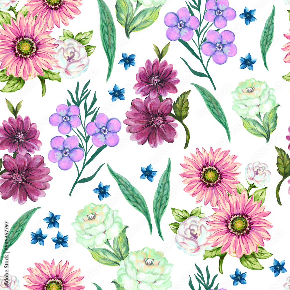 Beautiful blossom blooming flowers floral petal bud season seamless pattern design isolated for fashion, fabric, paper