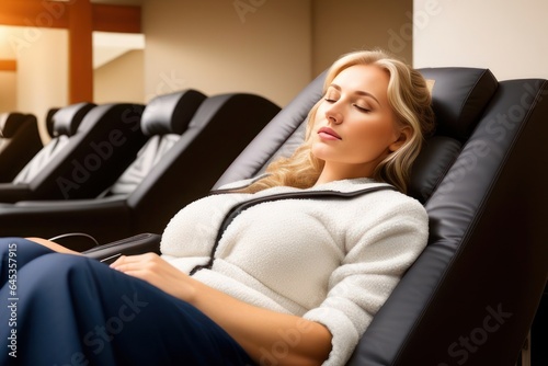 Young woman lying and relaxing in modern electronic leather massage chair. Generative AI