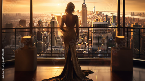 Mulher bem sucedida dourada em pé na varanda de luxo,  silhueta feminina rica ao pôr do sol na cidade de Nova York photo