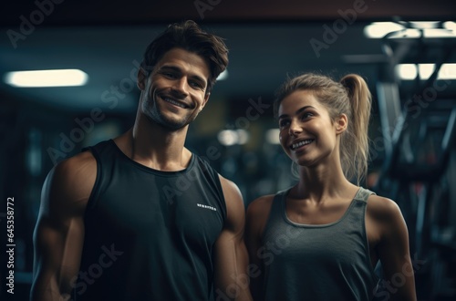 Couple in sport, working out in gym, health and wellness