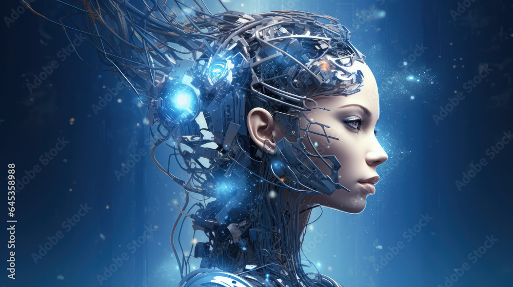 An abstract fusion of technology and human intelligence: A futuristic portrait of a young woman symbolizing the future of AI and cyber innovation