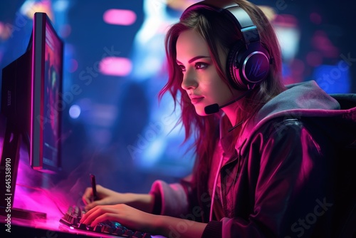 Cybersport. Girl playing professional videogames with headphones.