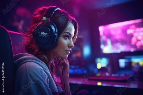 Cybersport. Girl playing professional videogames with headphones.