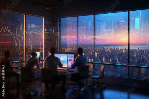 executive leads his team to success in a futuristic office overlooking a city skyline, blending modern technology and leadership
