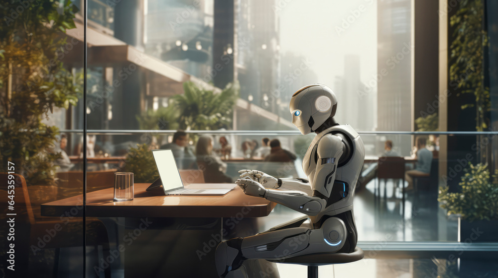 Embracing the future of AI: A smart, digital assistant facilitates a conversation between a manager and an android in a corporate office setting Embracing the future of AI: A smart, digital assistant facilitates a conversation between a manager and an android in a corporate office setting