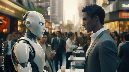 Caucasian businesswoman and ai robot, collaborate over laptops in a modern office setting, fostering teamwork and success