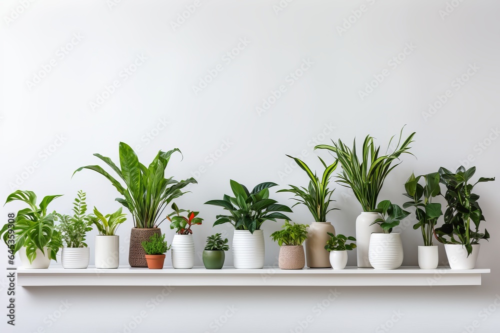 plants in pots, white wall, white frame
