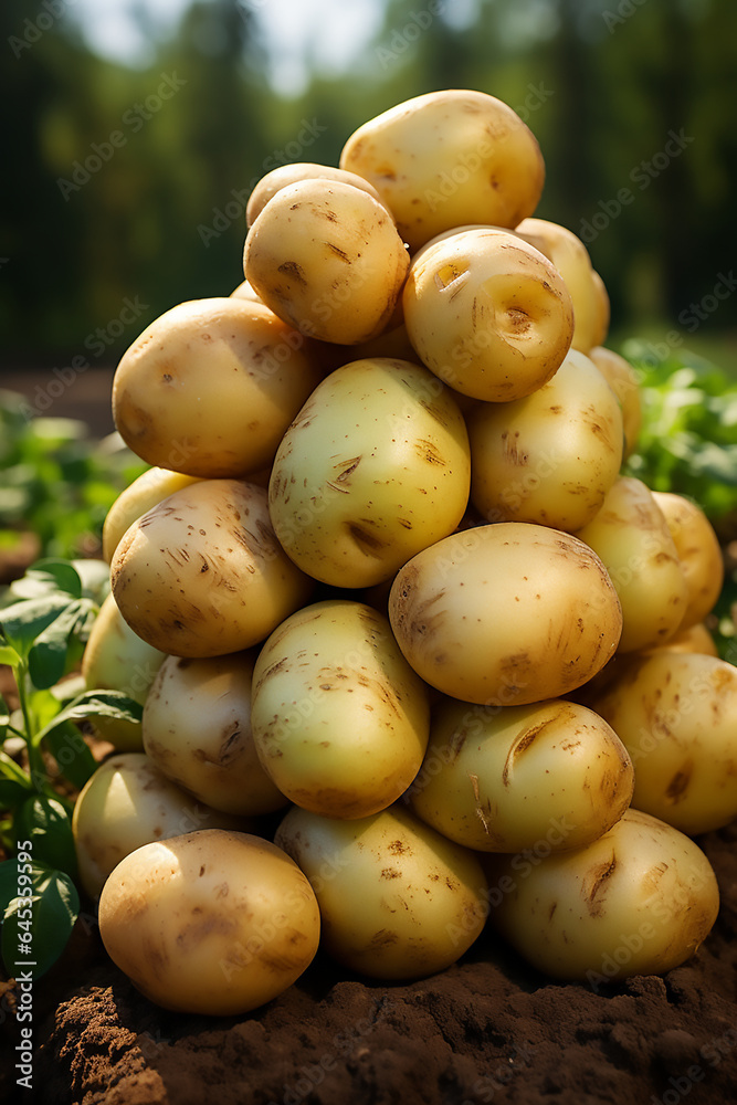 stack of potatoes fresh organic harvest in the field in farm stack of potatoes fresh organic harvest in the field in farm