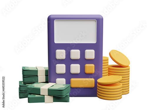 3d calculator icon, pile of money and pile of coins, illustration of tax, savings, investment and payments