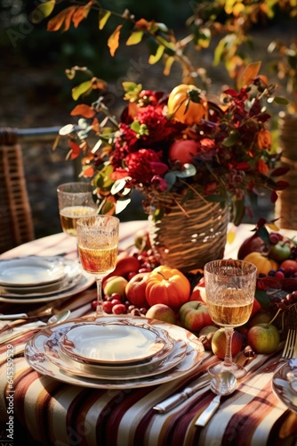 beautiful outdoor harvest table arrangement - ai-generated