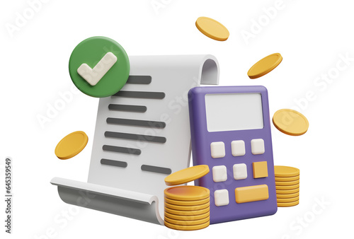 3d tax form, pile of coins and calculator icon, illustration, savings, investment and payments