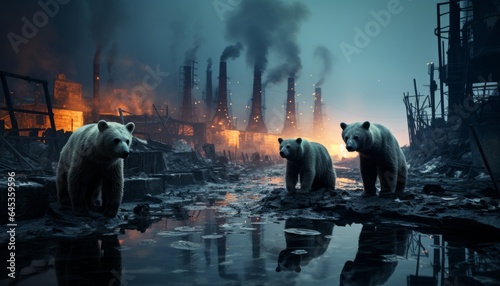 Ecological pollution of the environment by garbage waste and landfills near factories and factories. Bears survive in the contaminated area of the park. Made in AI
