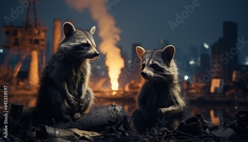 Ecological pollution of the environment by garbage waste and landfills near the habitat of animals. Raccoons survive in polluted natural areas. Made in AI