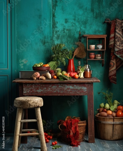 a beautiful countrified kitchen, shabby mediteran style, with turquoise walls - ai-generated photo