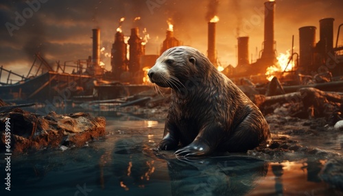 Ecological pollution of the environment with garbage waste and landfills near factories and factories. Beavers survive in the polluted area of the lake. Made in AI