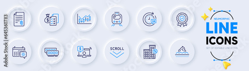 Travel calendar, Skin care and Insurance medal line icons for web app. Pack of Ram, Financial diagram, Loan house pictogram icons. 24h delivery, Attachment, Train signs. Neumorphic buttons. Vector