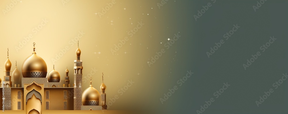 Islamic decoration Ramadan background, with crescent moon, lanterns, mosque silhouette, stars and shining clouds over the mosque. copy space text area