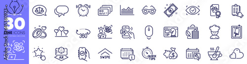 360 degrees, Biometric eye and Augmented reality line icons pack. Love heart, Card, Marriage rings web icon. Alarm clock, Euro money, Bio shopping pictogram. Difficult stress. Vector