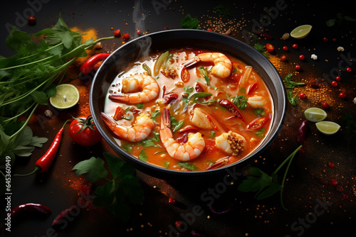 Tom Yum Soup. Sour-spicy soup with shrimp. Asian food. Promotional commercial photo