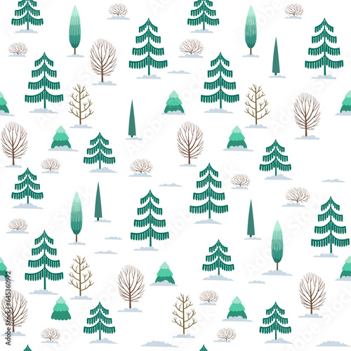 Christmas tree seamless pattern. Winter forest Noel print, New year holidays decoration, fir tree with brown winter trees in snow hand drawn holiday background, wallpaper, wrapping paper, decor.