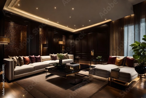 In a luxurious home, a living room boasts a stunning modern interior design set against the backdrop of a dark classic wall