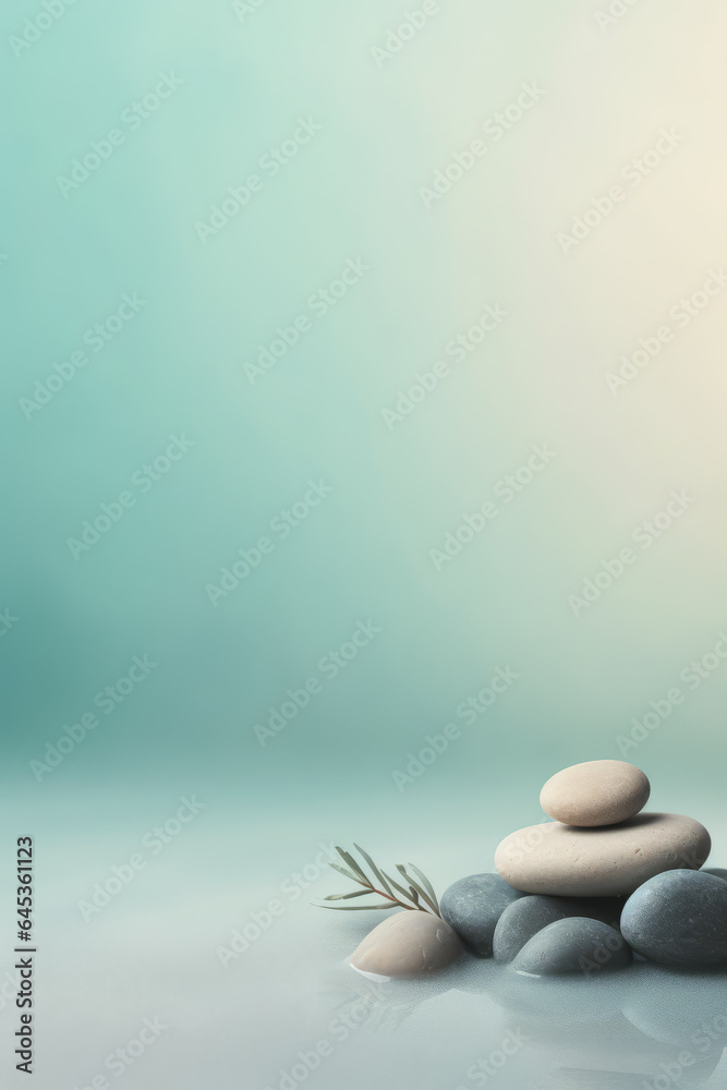 Calm - zen stones in milky water against a blurred turquoise, background with copy space